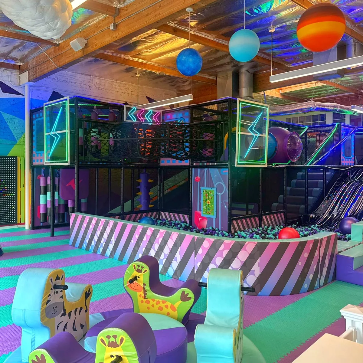 Play structure, slides and carousel in Santa Monica